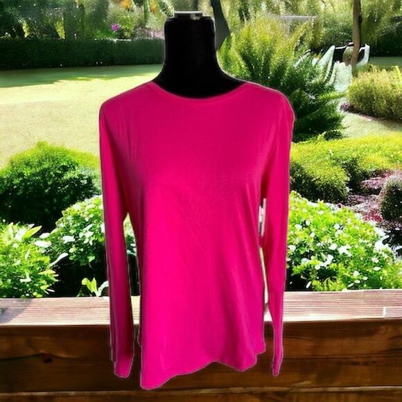 Amazon Essentials Womens Top Sz L Hot Pink Long Sleeve Knit Solid Round Neck NEW - Picture 1 of 8